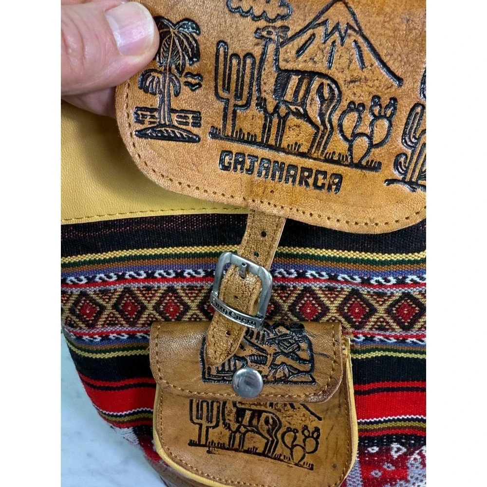 Cajamarca Peru Leather Woven Backpack Andean Llama Embossed Boho Rucksack Bag